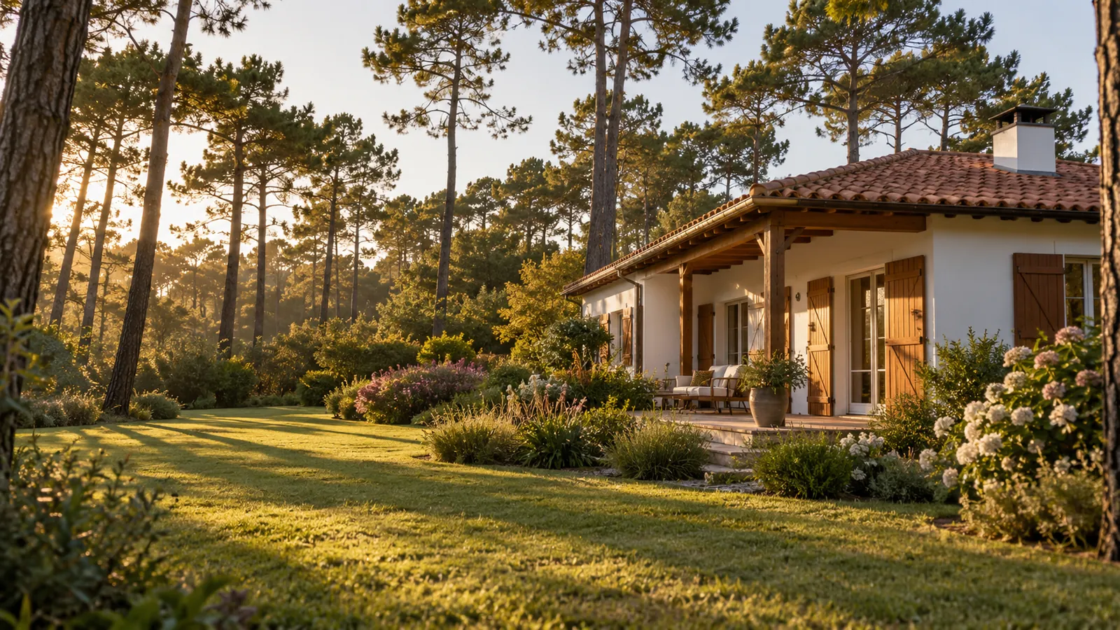 Maison landaise avec jardin et pins à l'orée de la forêt de Gironde, fin d'après-midi